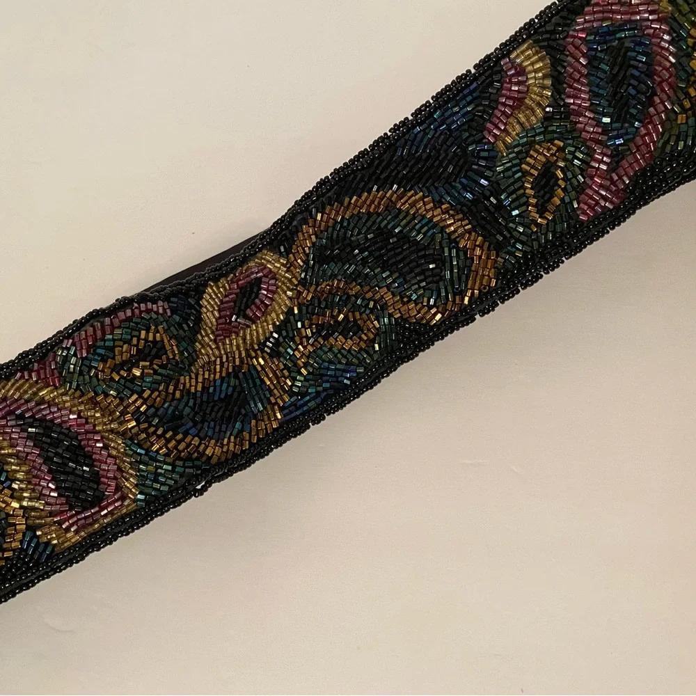LA REGALE LTD BELT WIDE BLACK SATIN BEADED MULTI COLOR PEACOCK COLOR SIZE M